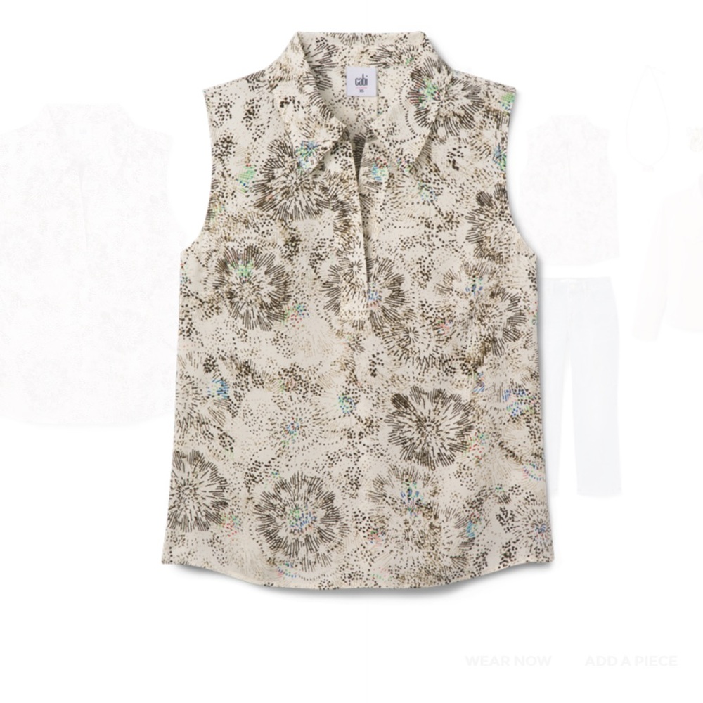 CAbi Black and Cream Floral Sleeveless Blouse